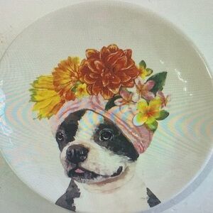 Pier 1 Imports Vintage Dolomite Boston Terrier Dog Wearing Floral Hat 8.5 In.